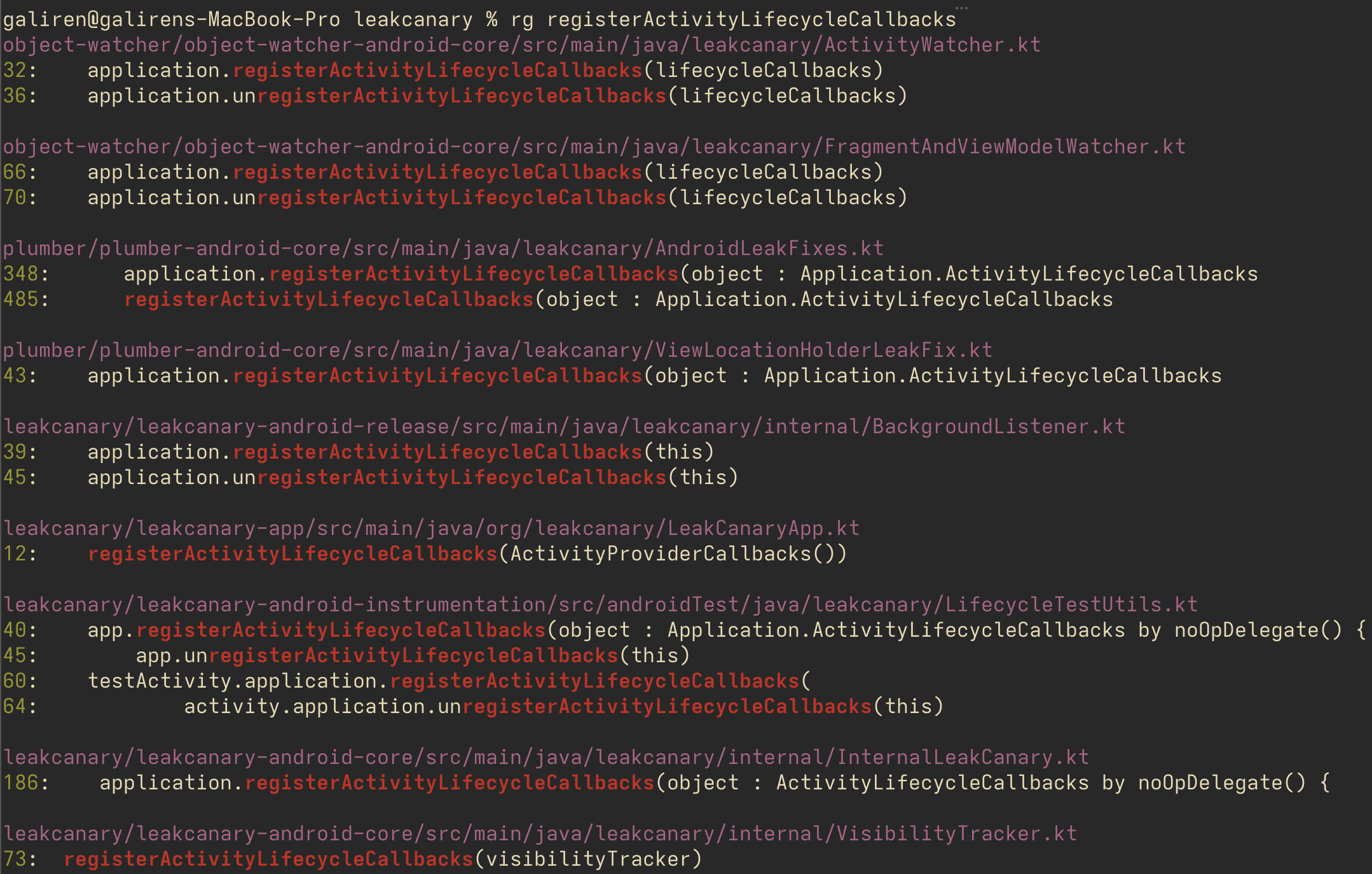 ripgrep による ActivityWatcher 周辺の検索結果